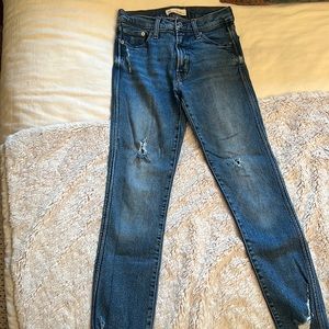 Gap Size 27 High Rise Slim Straight Jeans. Distressed. Medium-dark wash.